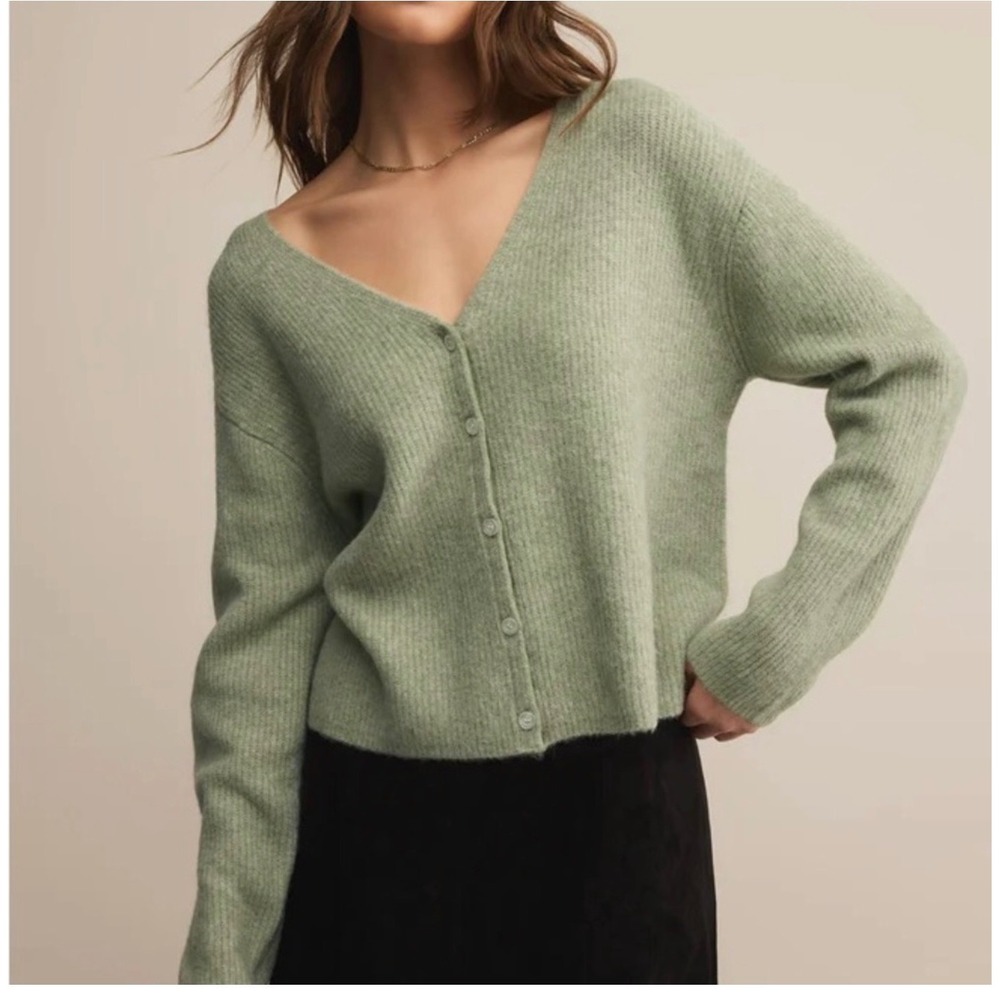 Z Supply Emile Cardigan Bay Leaf Green Ribbed Button Front Sweater L